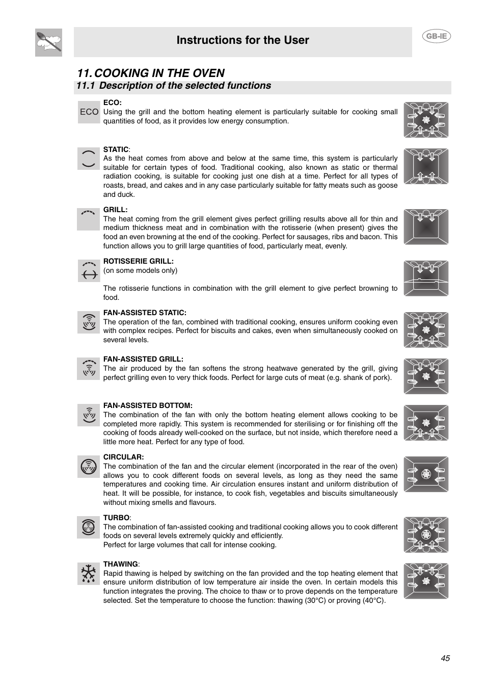 Cooking in the oven, 1 description of the selected functions, Instructions for the user | Smeg CE9IMX User Manual | Page 16 / 27