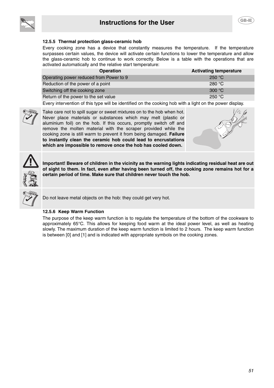 5 thermal protection glass-ceramic hob, 6 keep warm function, Instructions for the user | Smeg CE9IMX User Manual | Page 22 / 27
