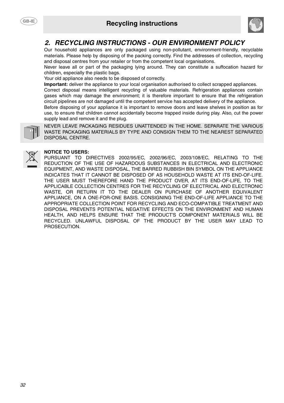 Recycling instructions - our environment policy, Recycling instructions | Smeg CE9IMX User Manual | Page 3 / 27