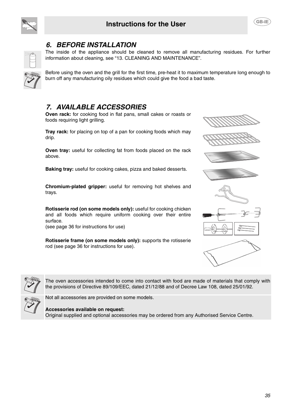 Before installation, Available accessories, Instructions for the user | Before installation 7. available accessories | Smeg CE9IMX User Manual | Page 6 / 27