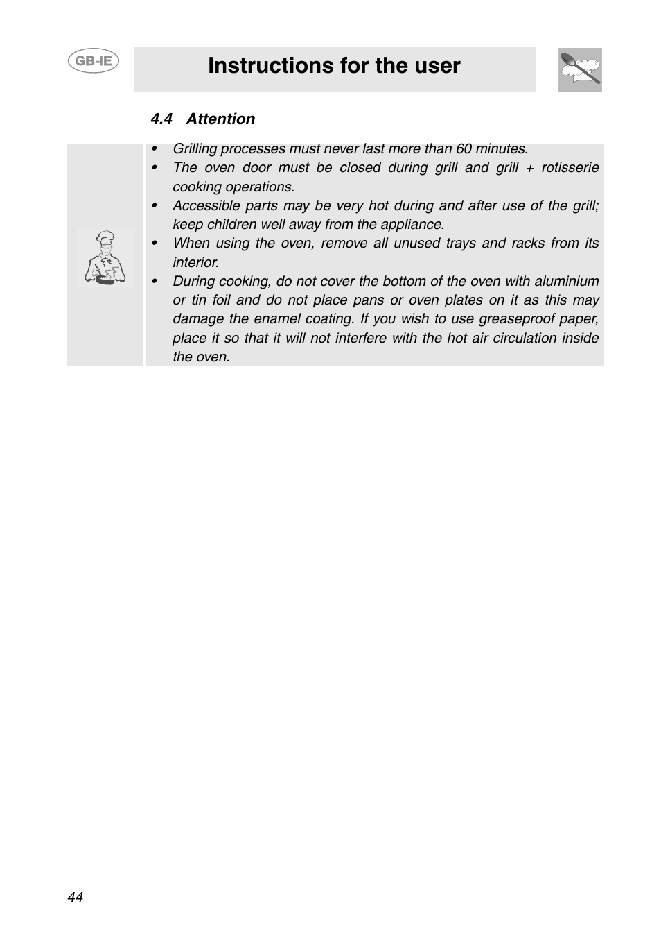 4 attention, Instructions for the user | Smeg SC709X User Manual | Page 14 / 28