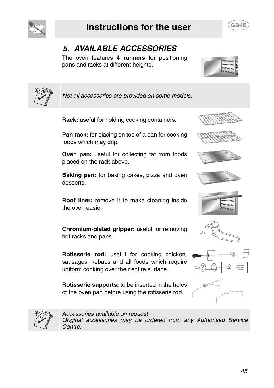 Available accessories, Instructions for the user | Smeg SC709X User Manual | Page 15 / 28