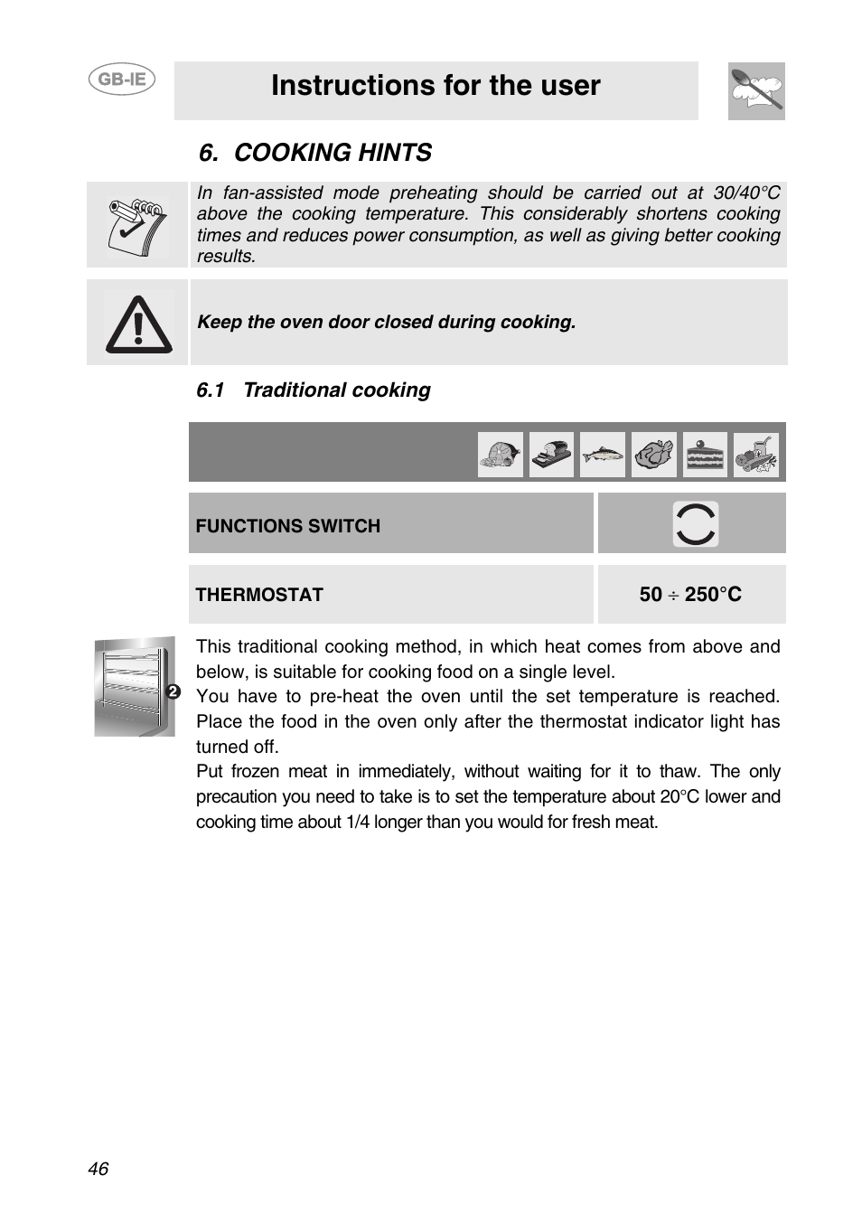 Cooking hints, 1 traditional cooking, Instructions for the user | Smeg SC709X User Manual | Page 16 / 28