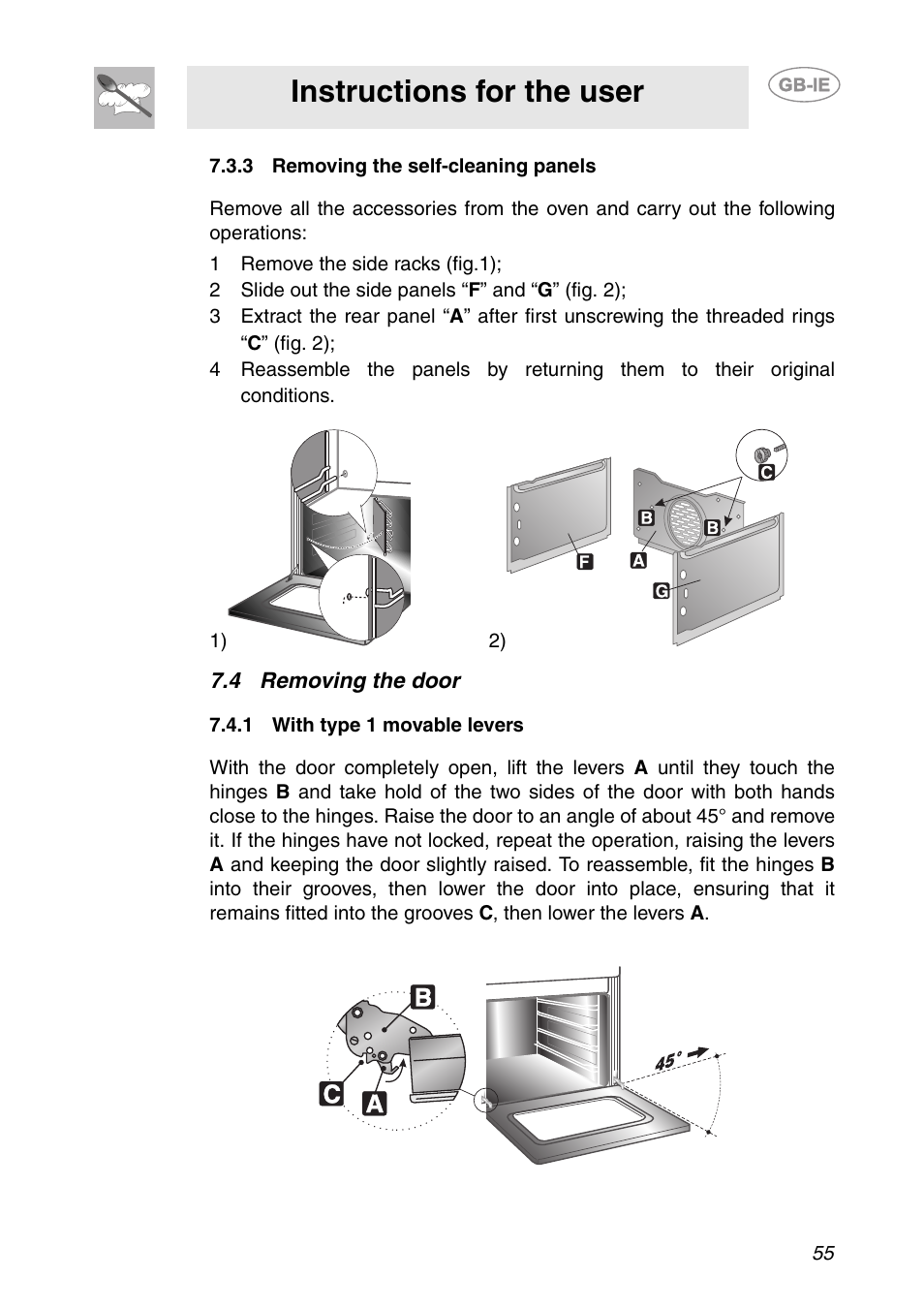 3 removing the self-cleaning panels, 1 remove the side racks (fig.1), 2 slide out the side panels “f” and “g” (fig. 2) | 4 removing the door, 1 with type 1 movable levers, Instructions for the user | Smeg SC709X User Manual | Page 25 / 28