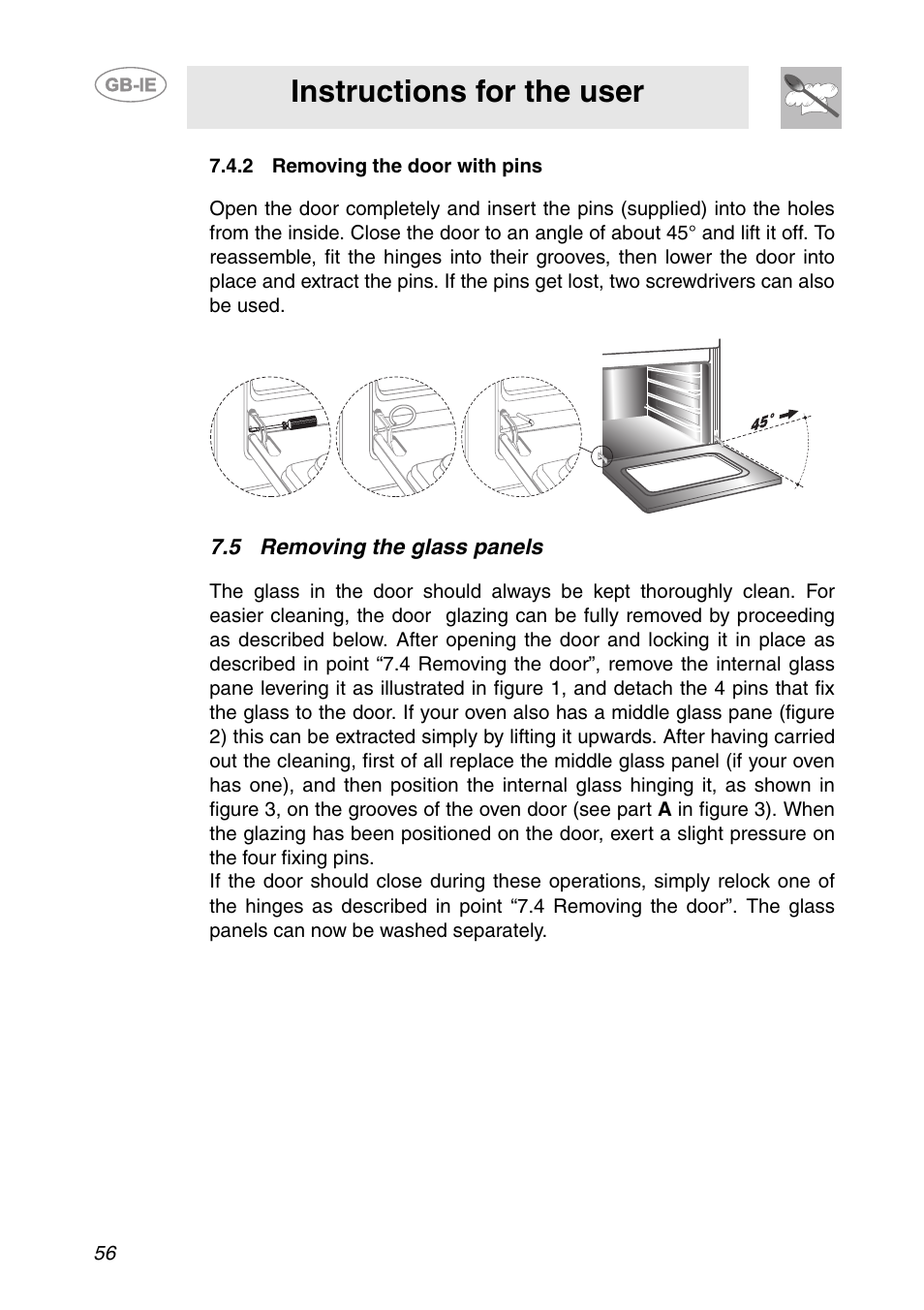 2 removing the door with pins, 5 removing the glass panels, Instructions for the user | Smeg SC709X User Manual | Page 26 / 28