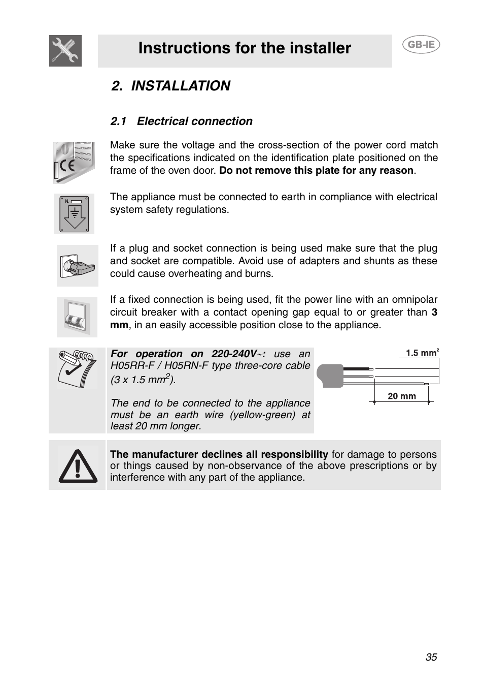 Installation, 1 electrical connection, Instructions for the installer | Smeg SC709X User Manual | Page 5 / 28