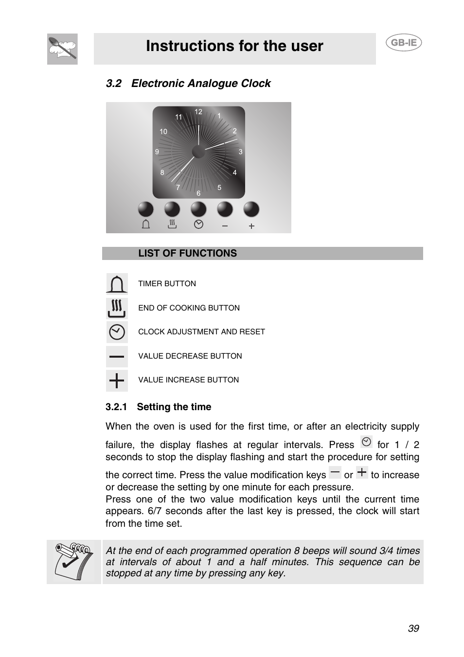 2 electronic analogue clock, 1 setting the time, Instructions for the user | Smeg SC709X User Manual | Page 9 / 28