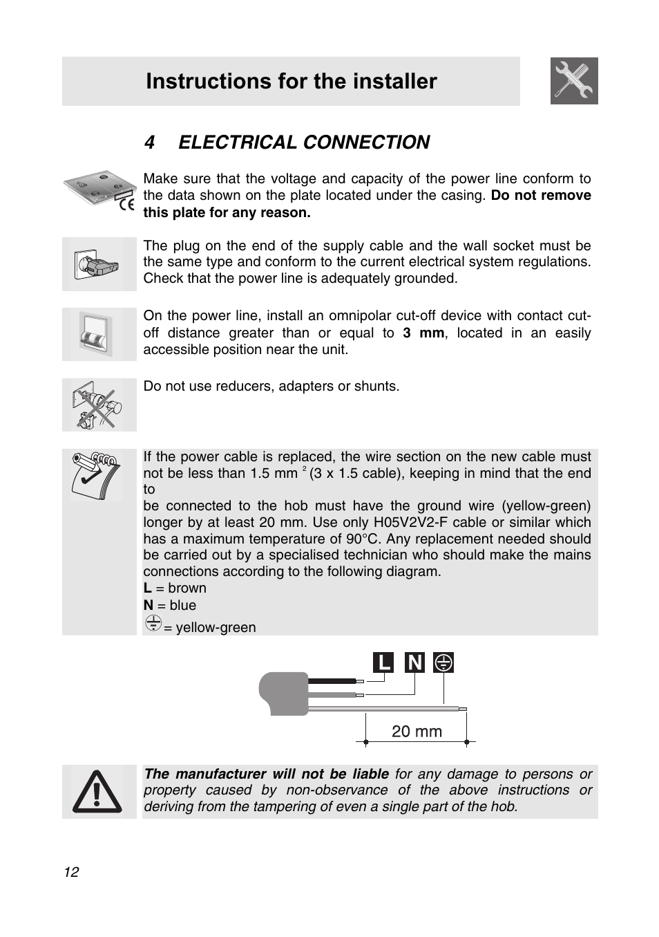 4 electrical connection, Instructions for the installer | Smeg CIR34XS User Manual | Page 10 / 24