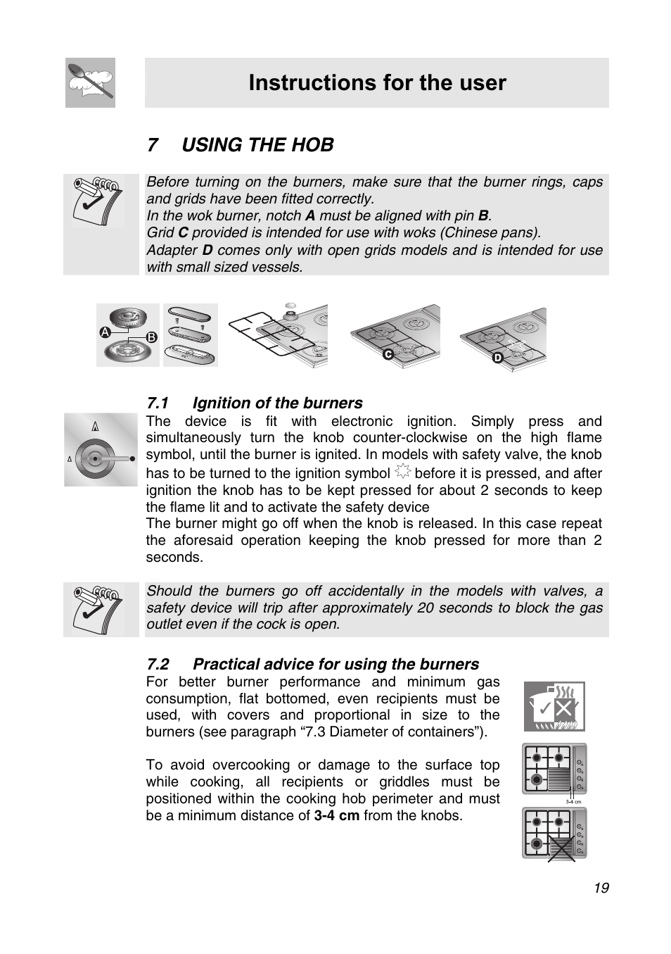 7 using the hob, 1 ignition of the burners, 2 practical advice for using the burners | Instructions for the user | Smeg CIR34XS User Manual | Page 17 / 24