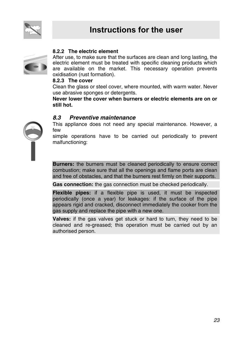 2 the electric element, 3 the cover, 3 preventive maintenance | Instructions for the user | Smeg CIR34XS User Manual | Page 21 / 24