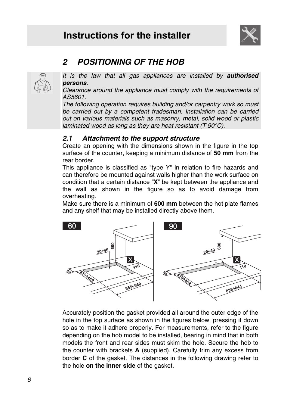 2 positioning of the hob, 1 attachment to the support structure, Instructions for the installer | Smeg CIR34XS User Manual | Page 4 / 24