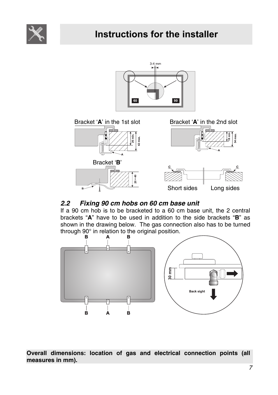 2 fixing 90 cm hobs on 60 cm base unit, Instructions for the installer | Smeg CIR34XS User Manual | Page 5 / 24