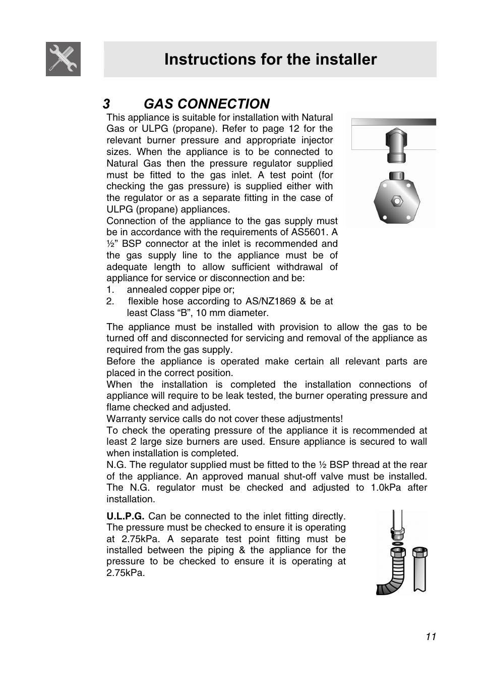 3 gas connection, Instructions for the installer | Smeg CIR34XS User Manual | Page 9 / 24