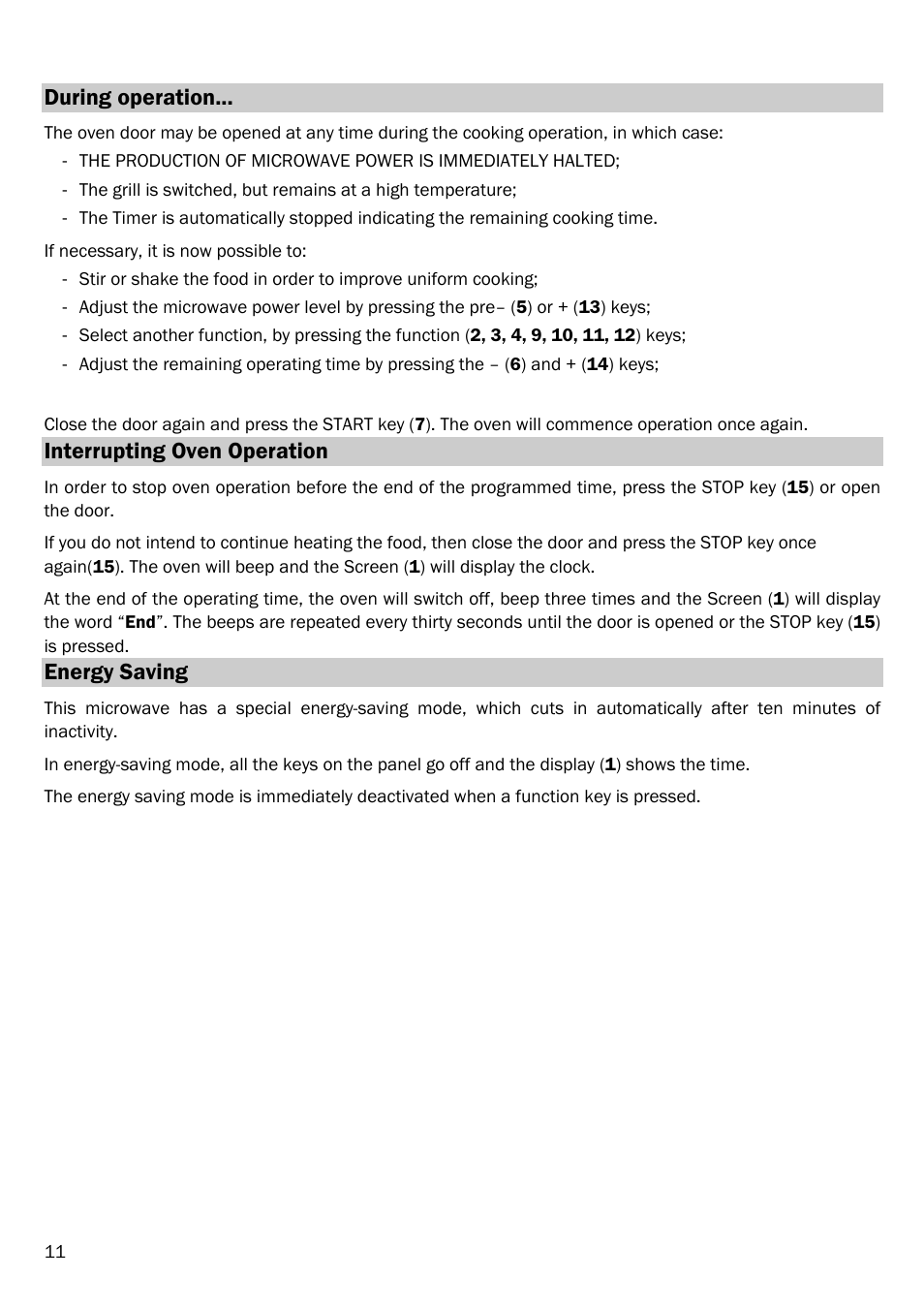 During operation, Interrupting oven operation, Energy saving | Smeg FME20TC User Manual | Page 12 / 21
