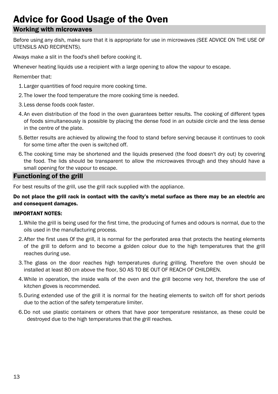 Advice for good usage of the oven, Working with microwaves, Functioning of the grill | Smeg FME20TC User Manual | Page 14 / 21