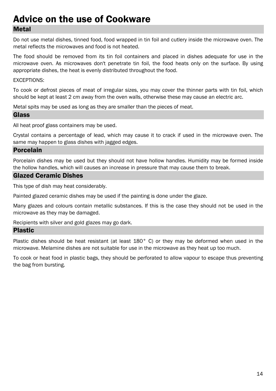 Advice on the use of cookware | Smeg FME20TC User Manual | Page 15 / 21