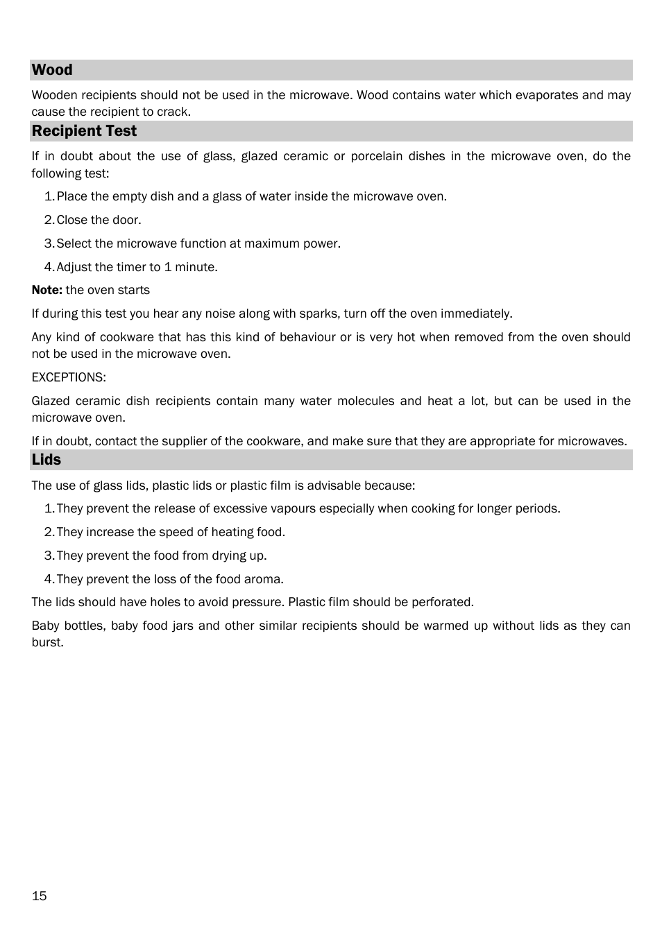 Wood, Recipient test, Lids | Smeg FME20TC User Manual | Page 16 / 21