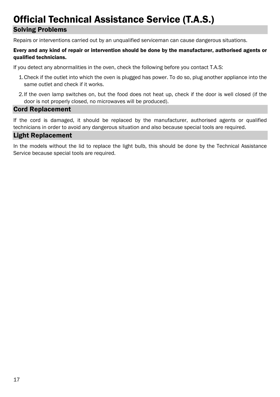 Official technical assistance service (t.a.s.) | Smeg FME20TC User Manual | Page 18 / 21