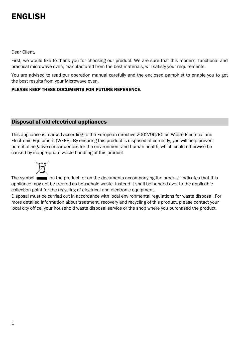 English, Disposal of old electrical appliances | Smeg FME20TC User Manual | Page 2 / 21