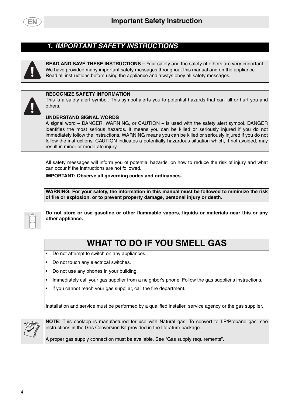 Important safety instructions, What to do if you smell gas, Important safety instruction | Smeg PTS605NU3 User Manual | Page 2 / 10