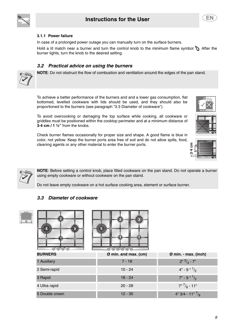 1 power failure, 2 practical advice on using the burners, 3 diameter of cookware | Instructions for the user | Smeg PTS605NU3 User Manual | Page 7 / 10