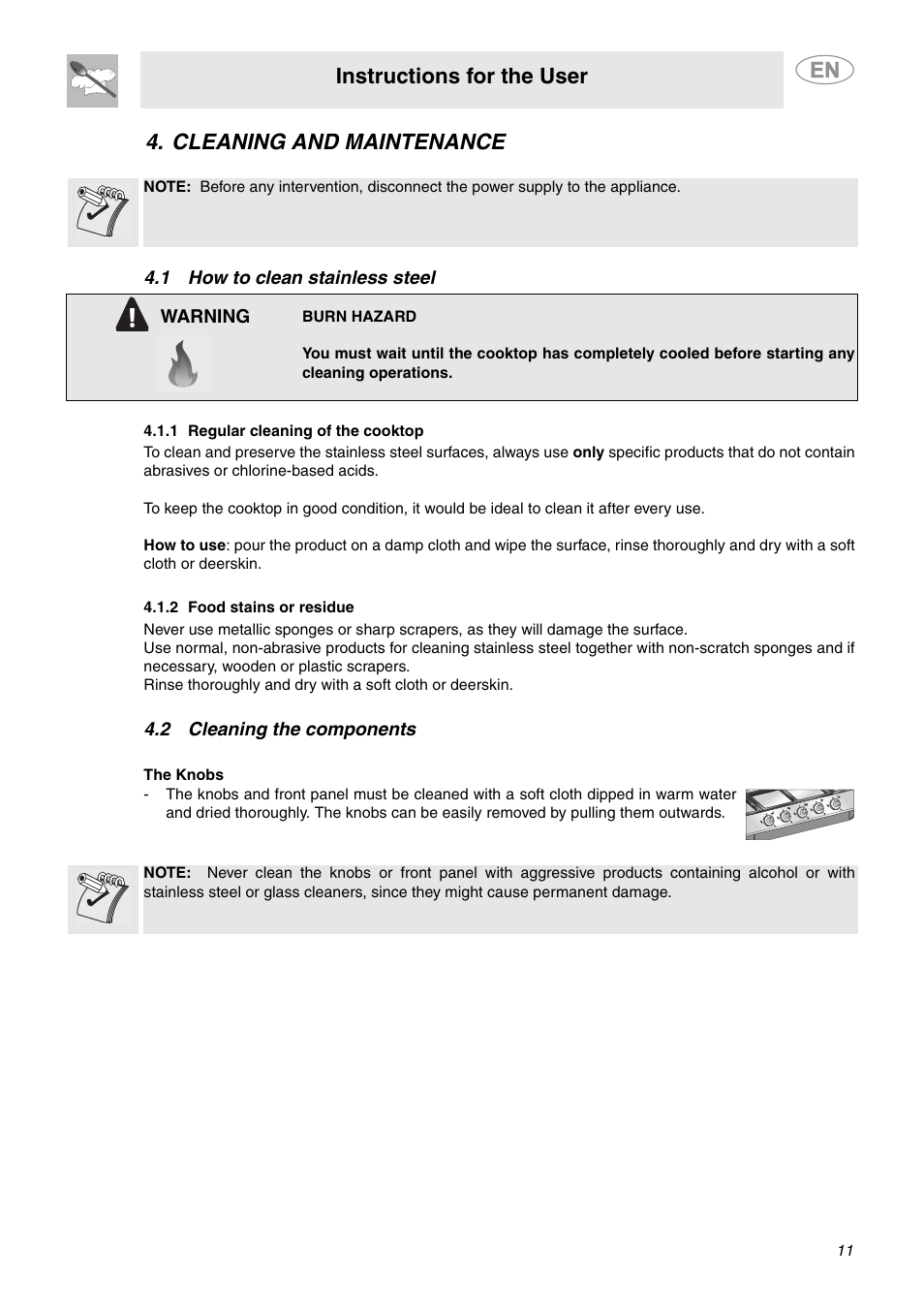 Cleaning and maintenance, 1 how to clean stainless steel, 1 regular cleaning of the cooktop | 2 food stains or residue, 2 cleaning the components, Instructions for the user | Smeg PTS605NU3 User Manual | Page 9 / 10