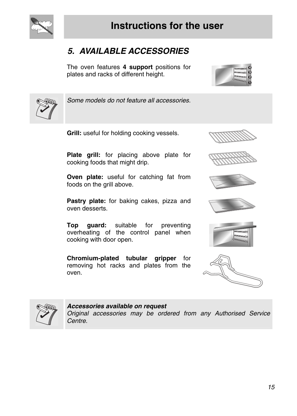 Available accessories, Instructions for the user | Smeg FA166-5 User Manual | Page 13 / 24