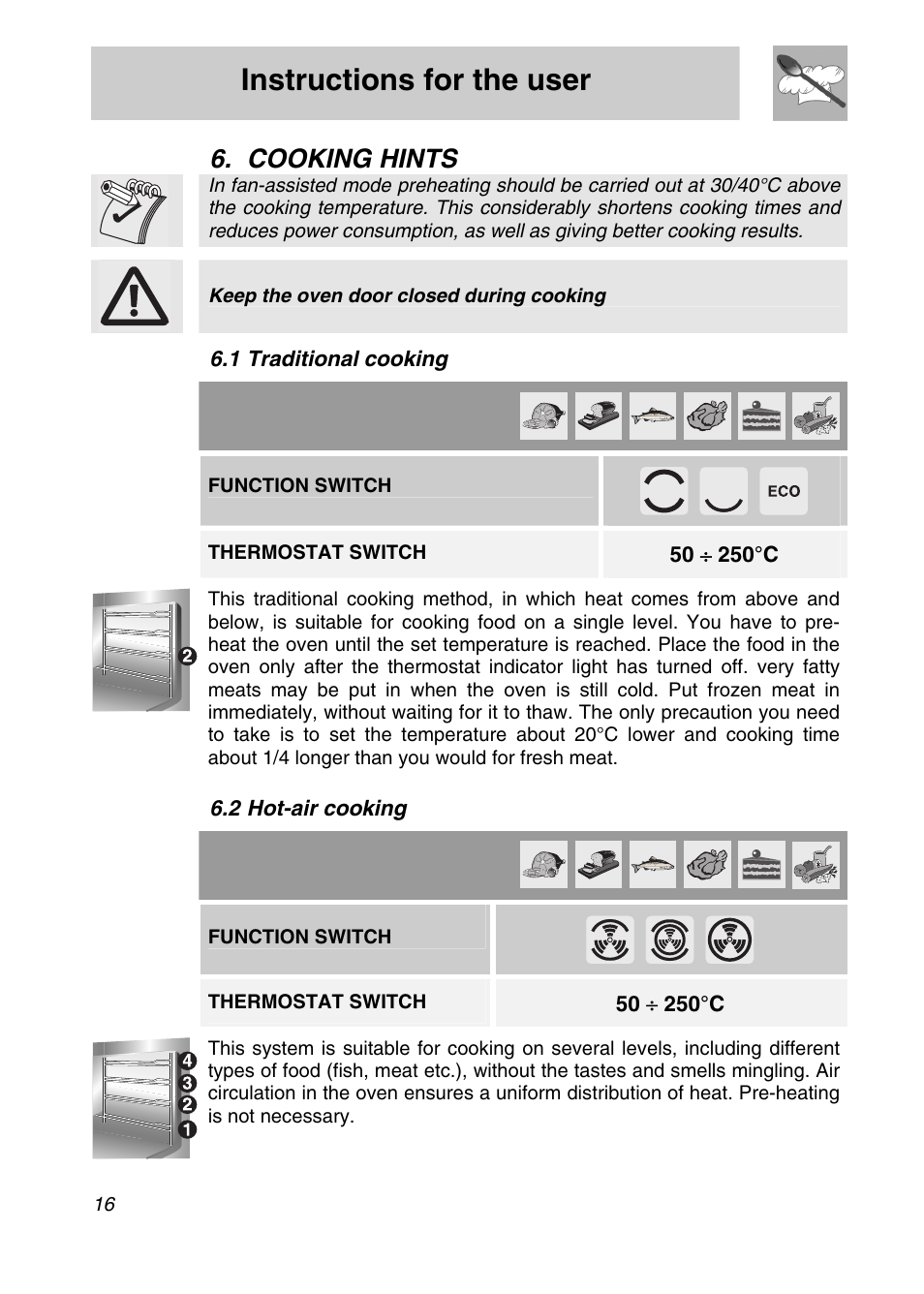 Cooking hints, 1 traditional cooking, 2 hot-air cooking | Instructions for the user, Keep the oven door closed during cooking, Function switch, Thermostat switch | Smeg FA166-5 User Manual | Page 14 / 24