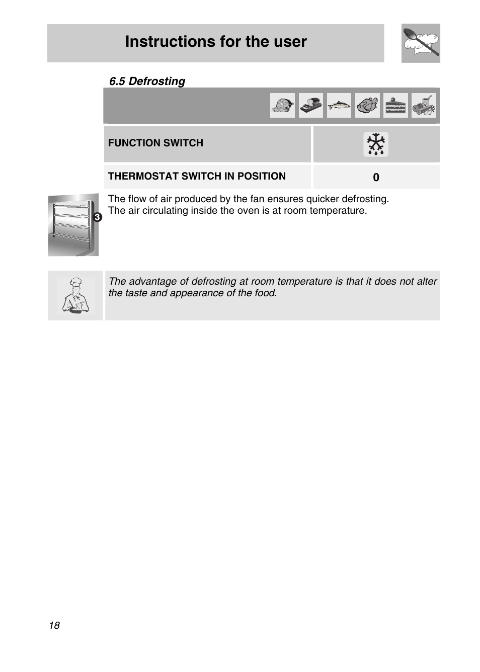 5 defrosting, Instructions for the user, Function switch | Thermostat switch in position | Smeg FA166-5 User Manual | Page 16 / 24