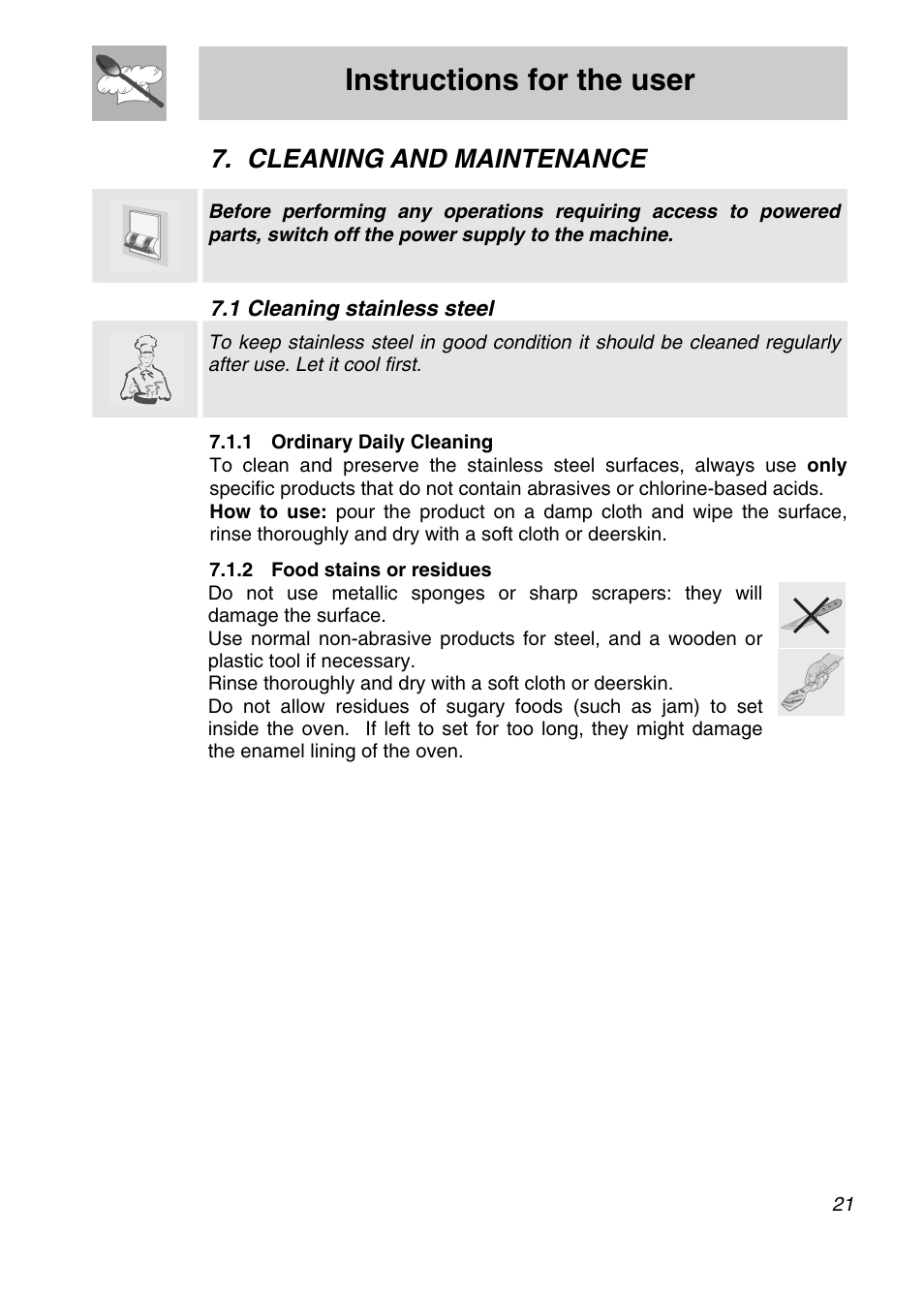 Cleaning and maintenance, 1 cleaning stainless steel, 1 ordinary daily cleaning | 2 food stains or residues, Instructions for the user | Smeg FA166-5 User Manual | Page 19 / 24