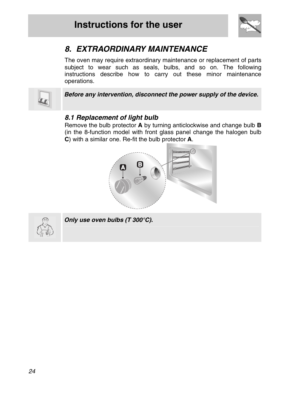 Extraordinary maintenance, 1 replacement of light bulb, Instructions for the user | Only use oven bulbs (t 300°c) | Smeg FA166-5 User Manual | Page 22 / 24