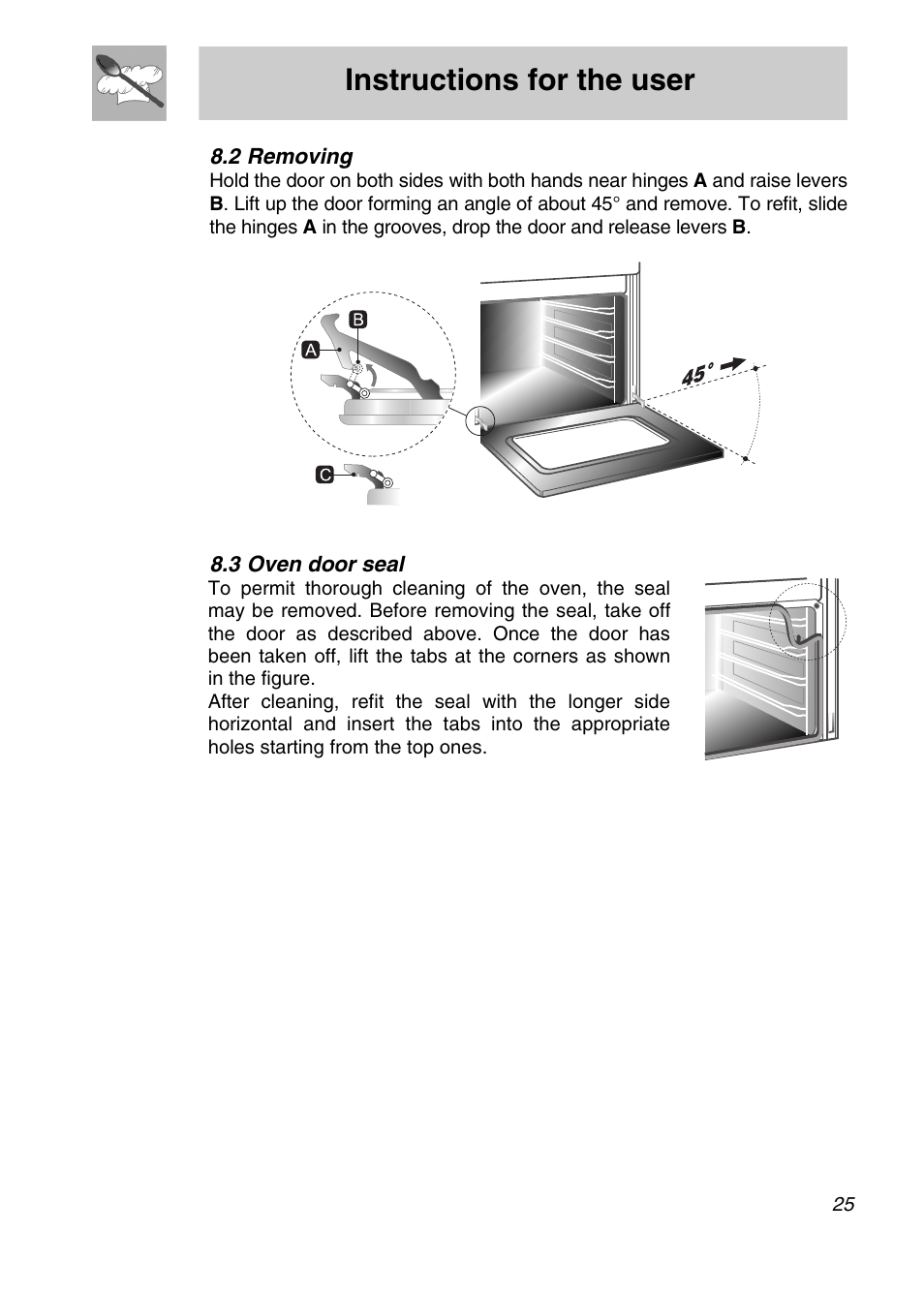 2 removing, 3 oven door seal, Instructions for the user | Smeg FA166-5 User Manual | Page 23 / 24