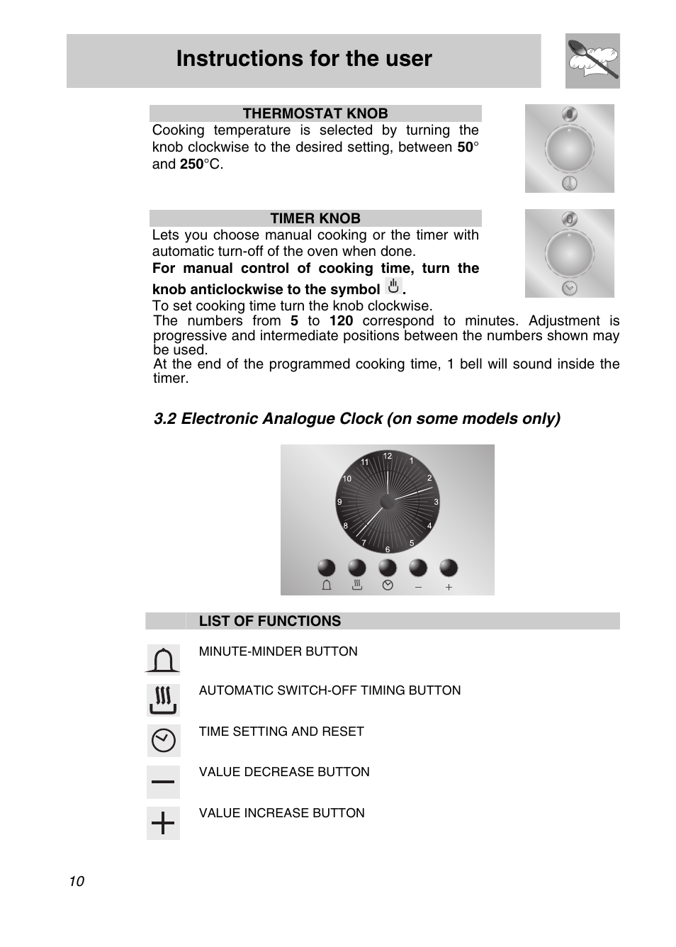 2 electronic analogue clock (on some models only), Instructions for the user | Smeg FA166-5 User Manual | Page 8 / 24