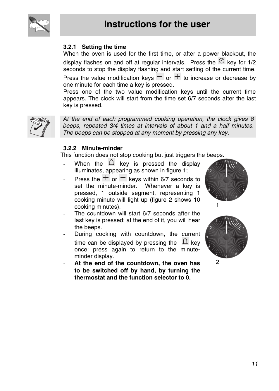 1 setting the time, 2 minute-minder, Instructions for the user | Smeg FA166-5 User Manual | Page 9 / 24