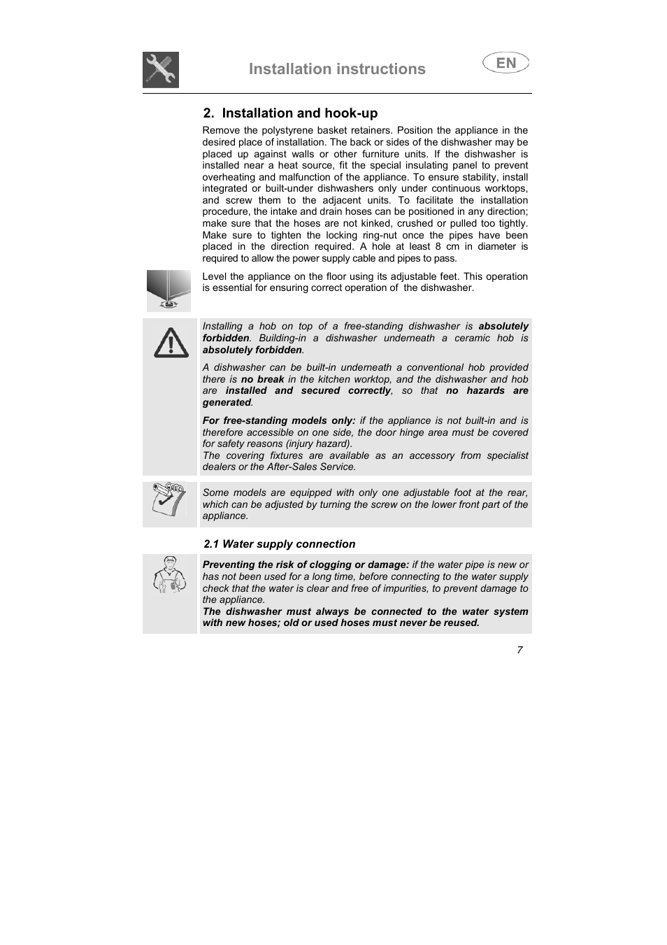 Installation instructions, Installation and hook-up | Smeg EN User Manual | Page 7 / 29