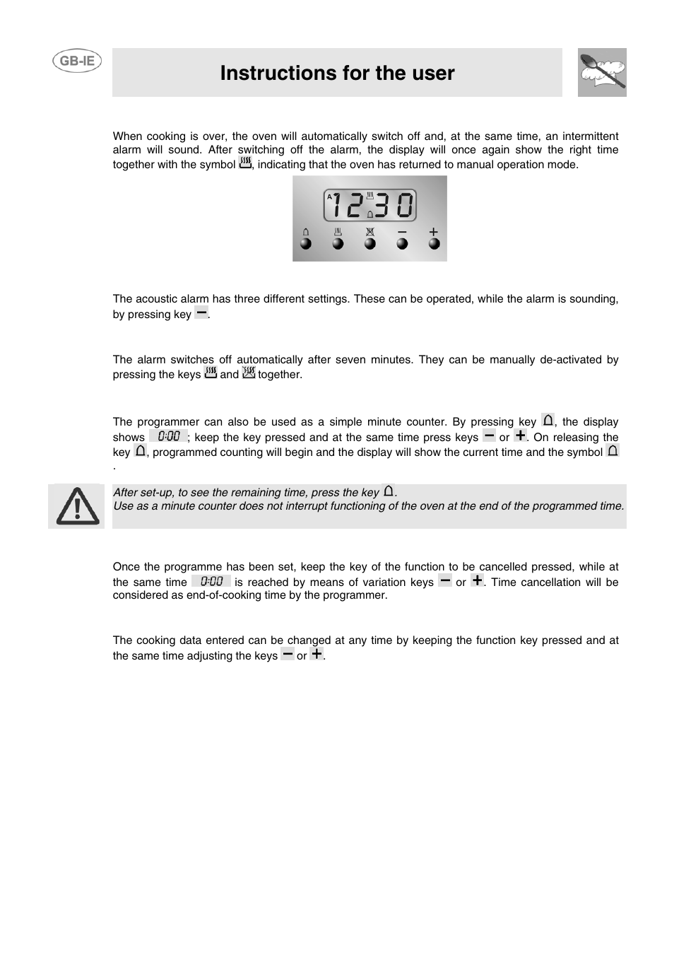 Instructions for the user, 4 end of cooking, 5 adjusting alarm volume | 6 switching off the alarm, 7 minute counter, 8 cancellation of set data, 9 changing the set data | Smeg SCB66MFB User Manual | Page 12 / 15
