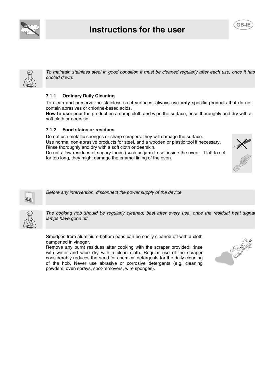 Instructions for the user, 7 cleaning and maintenance | Smeg SCB66MFB User Manual | Page 13 / 15