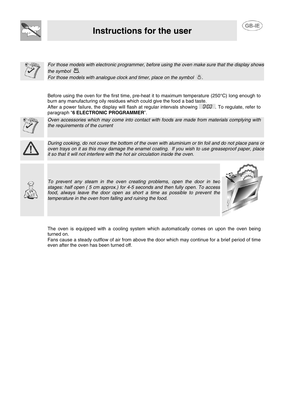 Instructions for the user, 5 use of the oven, 1 warnings and general advice | 2 cooling system | Smeg SCB66MFB User Manual | Page 9 / 15