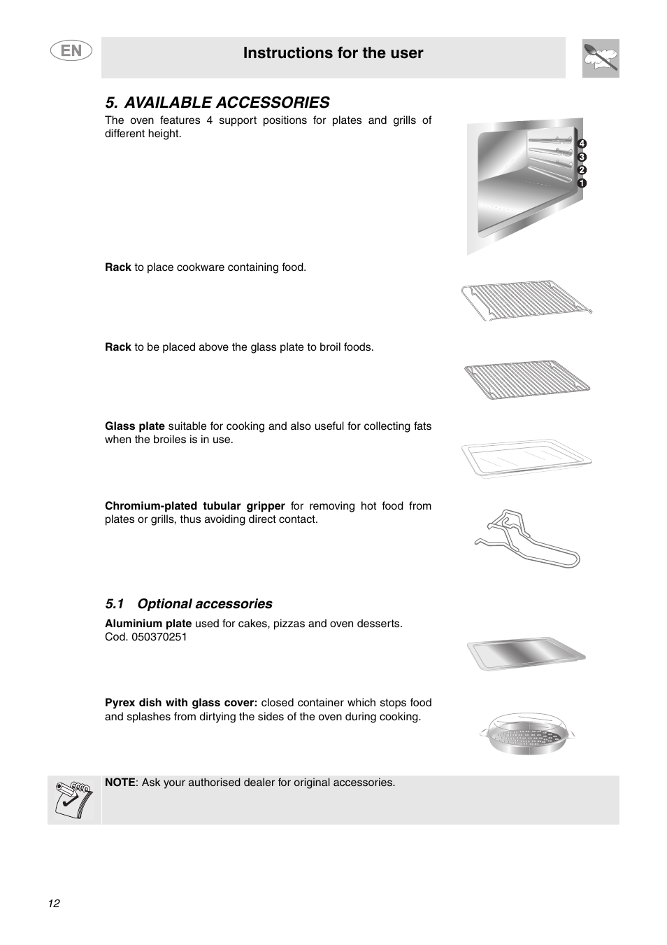 Available accessories, 1 optional accessories, Instructions for the user | Smeg FU65-5 User Manual | Page 10 / 15