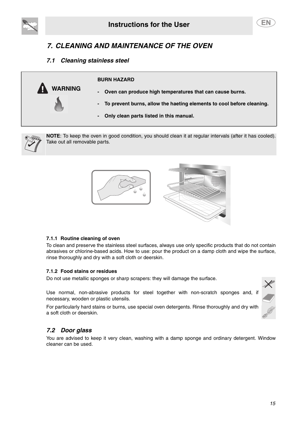 Cleaning and maintenance of the oven, 1 cleaning stainless steel, 1 routine cleaning of oven | 2 food stains or residues, 2 door glass, 1 cleaning stainless steel 7.2 door glass, Instructions for the user | Smeg FU65-5 User Manual | Page 13 / 15