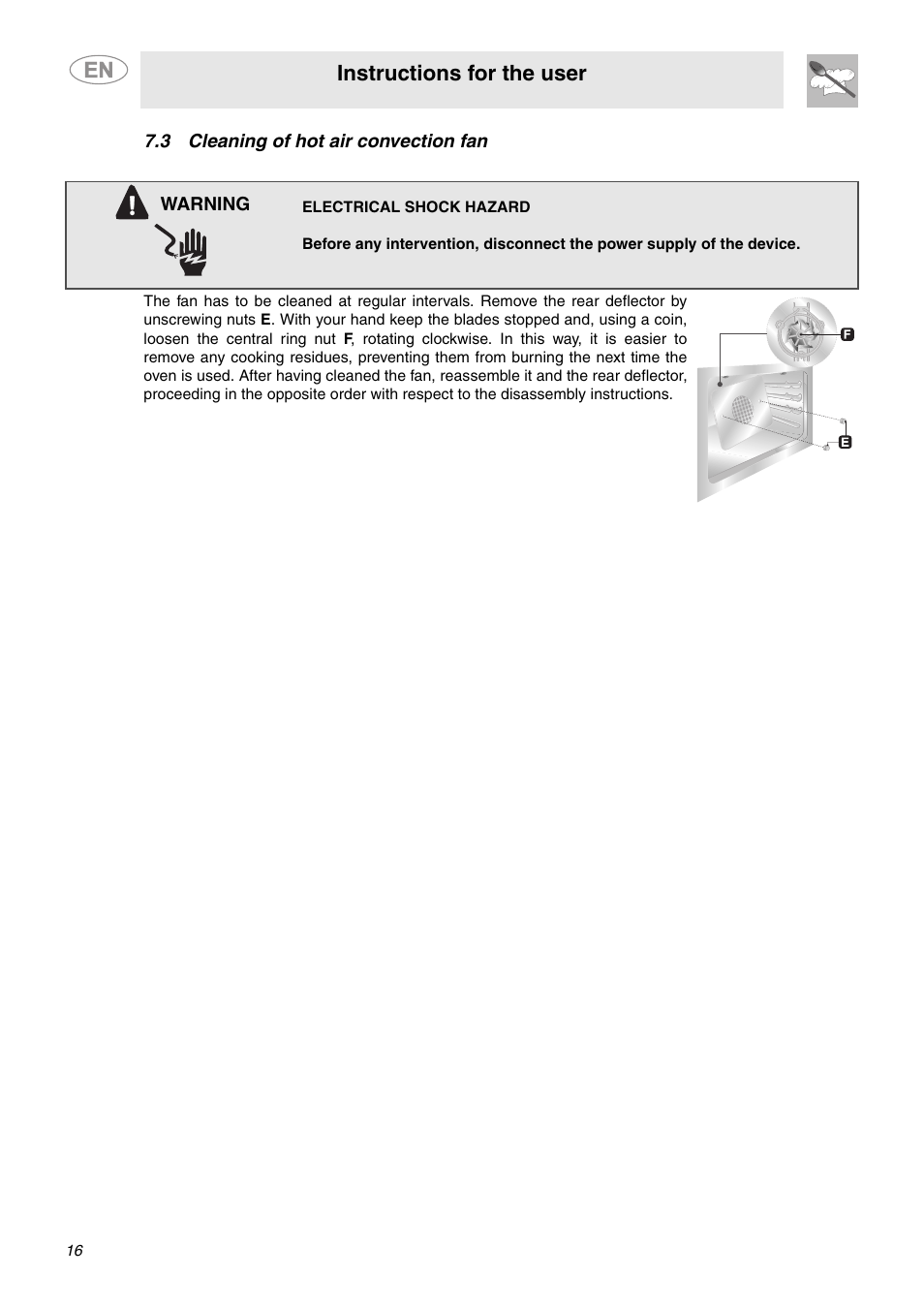 3 cleaning of hot air convection fan, Instructions for the user | Smeg FU65-5 User Manual | Page 14 / 15