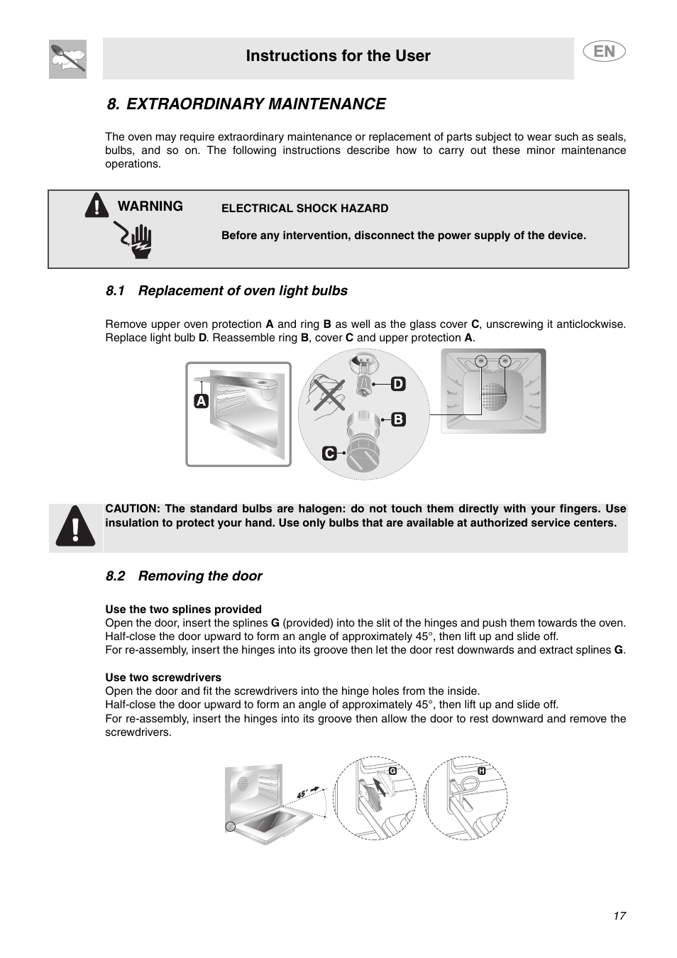 Extraordinary maintenance, 1 replacement of oven light bulbs, 2 removing the door | Instructions for the user | Smeg FU65-5 User Manual | Page 15 / 15