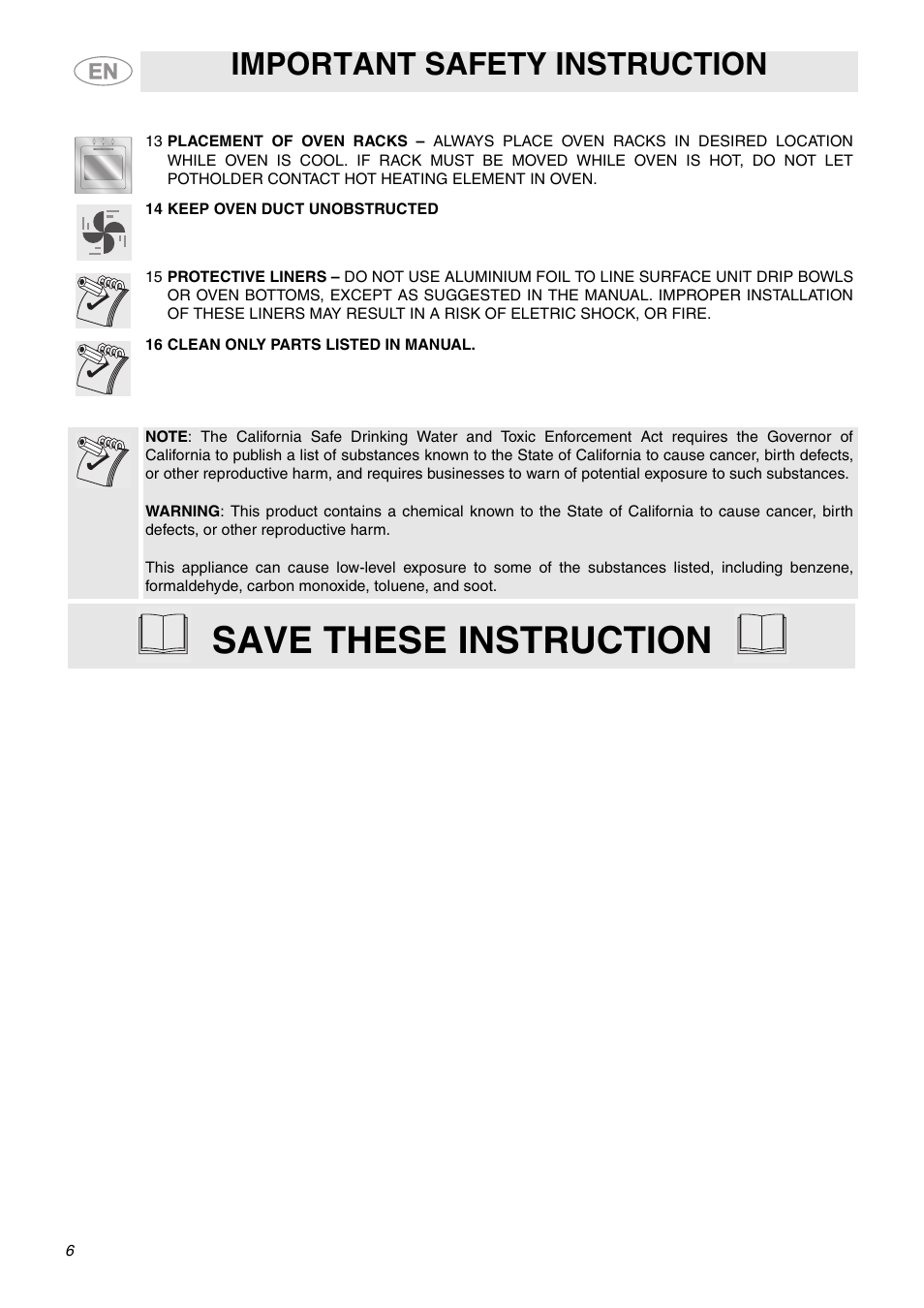 14 keep oven duct unobstructed, 16 clean only parts listed in manual, Save these instruction | Important safety instruction | Smeg FU65-5 User Manual | Page 4 / 15
