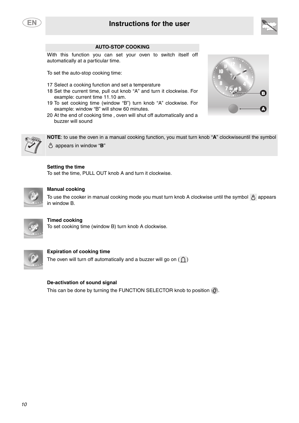 17 select a cooking function and set a temperature, Instructions for the user | Smeg FU65-5 User Manual | Page 8 / 15