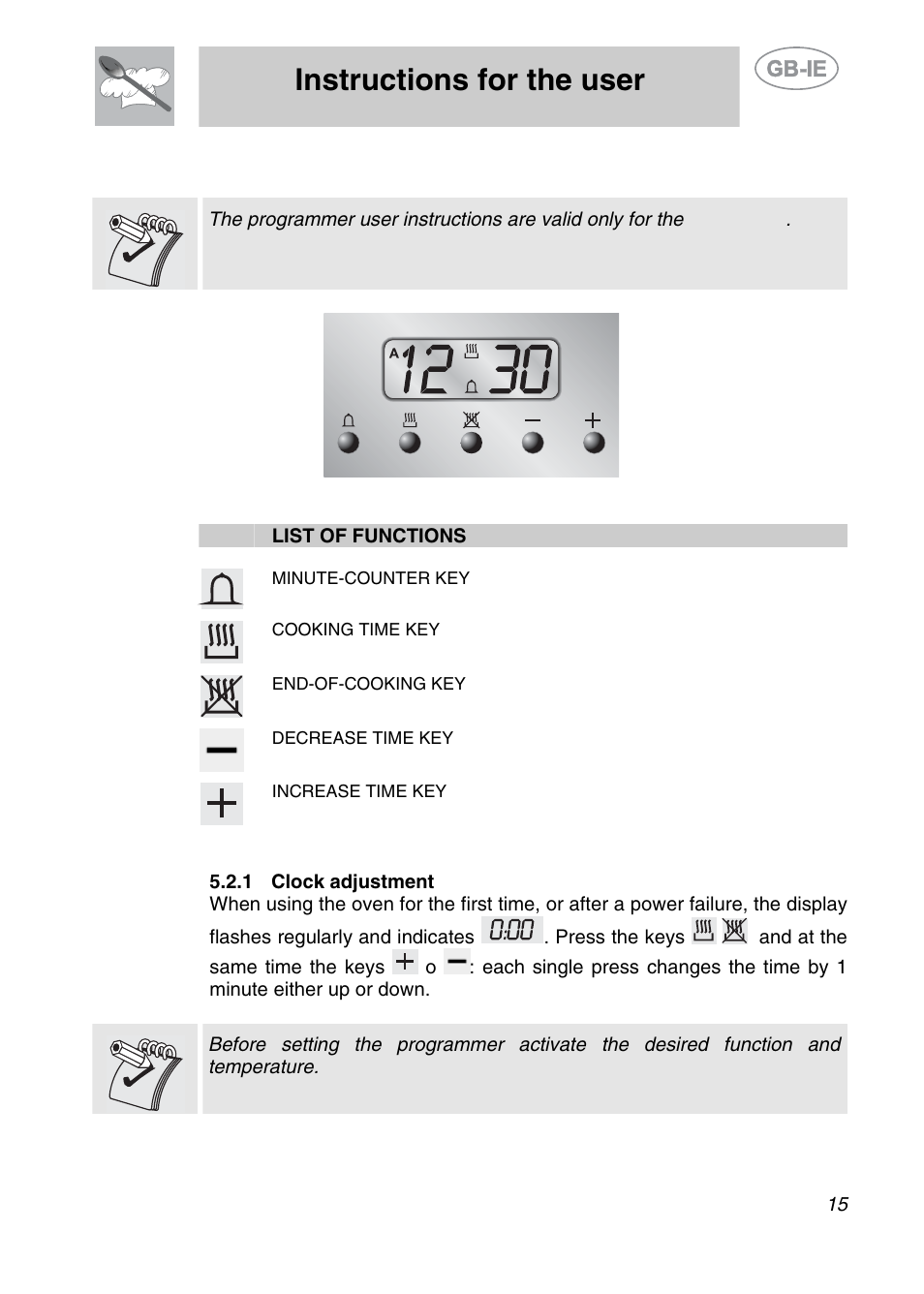 1 clock adjustment, Instructions for the user, 2 electronic programmer | Smeg A2EA User Manual | Page 13 / 32
