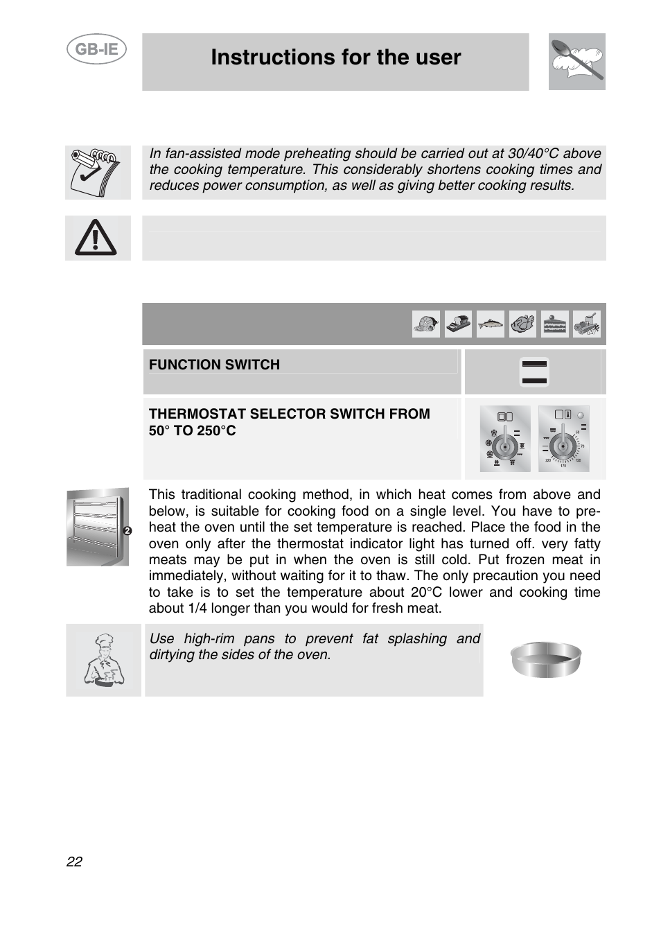 Cooking hints, Instructions for the user, 1 traditional cooking (main and auxiliary ovens) | Function switch | Smeg A2EA User Manual | Page 20 / 32