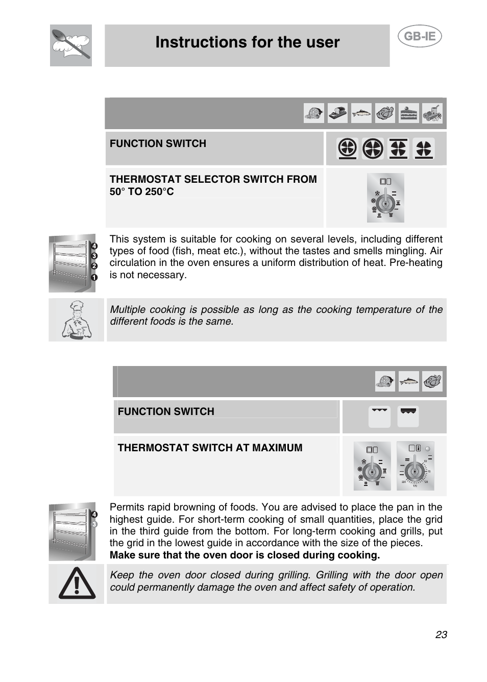 Instructions for the user, 2 hot-air cooking (main oven), 3 grill cooking (main and auxiliary ovens) | Function switch, Thermostat switch at maximum | Smeg A2EA User Manual | Page 21 / 32