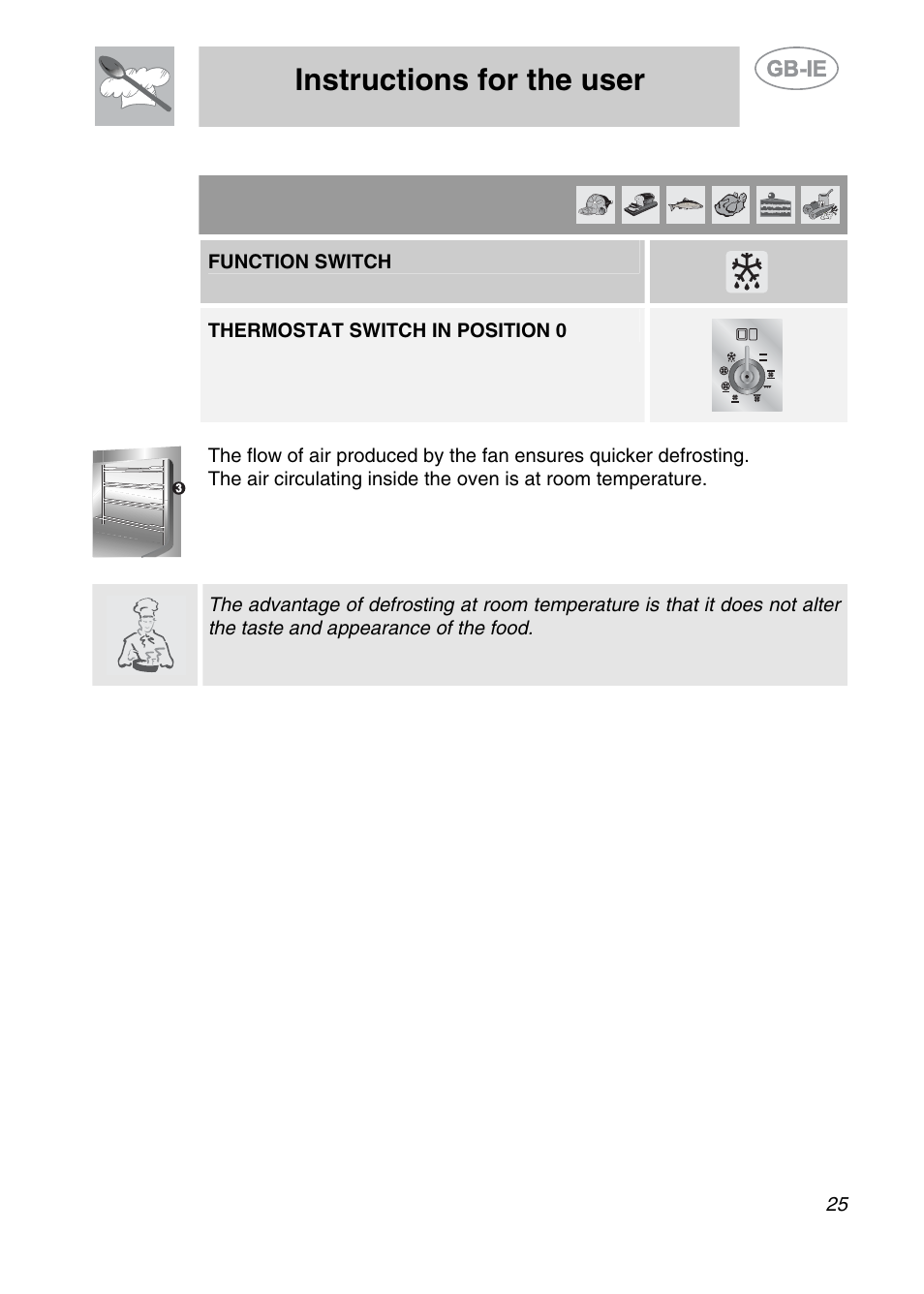 Instructions for the user, 6 defrosting (main oven), Function switch | Thermostat switch in position 0 | Smeg A2EA User Manual | Page 23 / 32