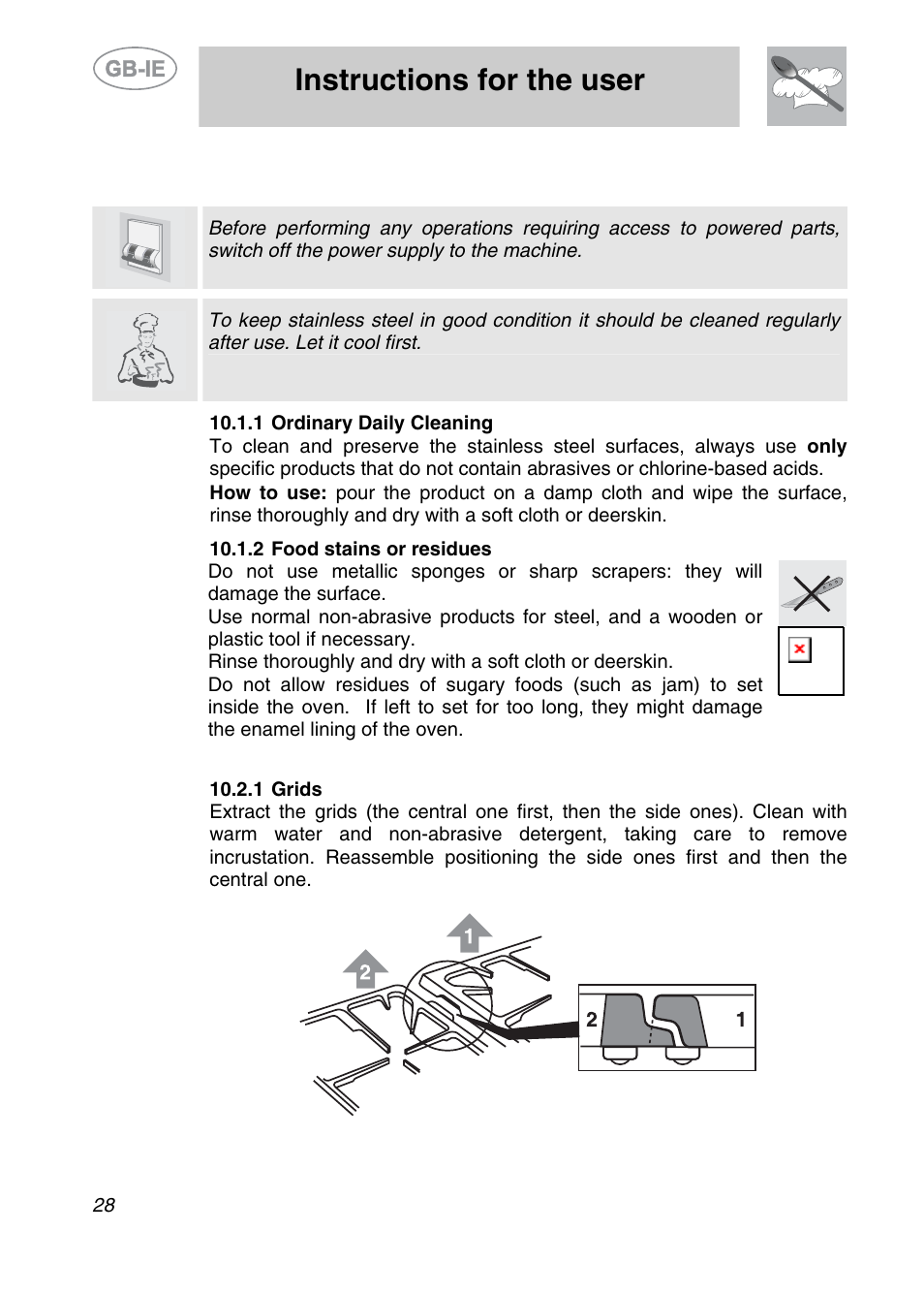Cleaning and maintenance, Instructions for the user, 1 cleaning stainless steel | 2 cleaning of cooking hob components | Smeg A2EA User Manual | Page 26 / 32