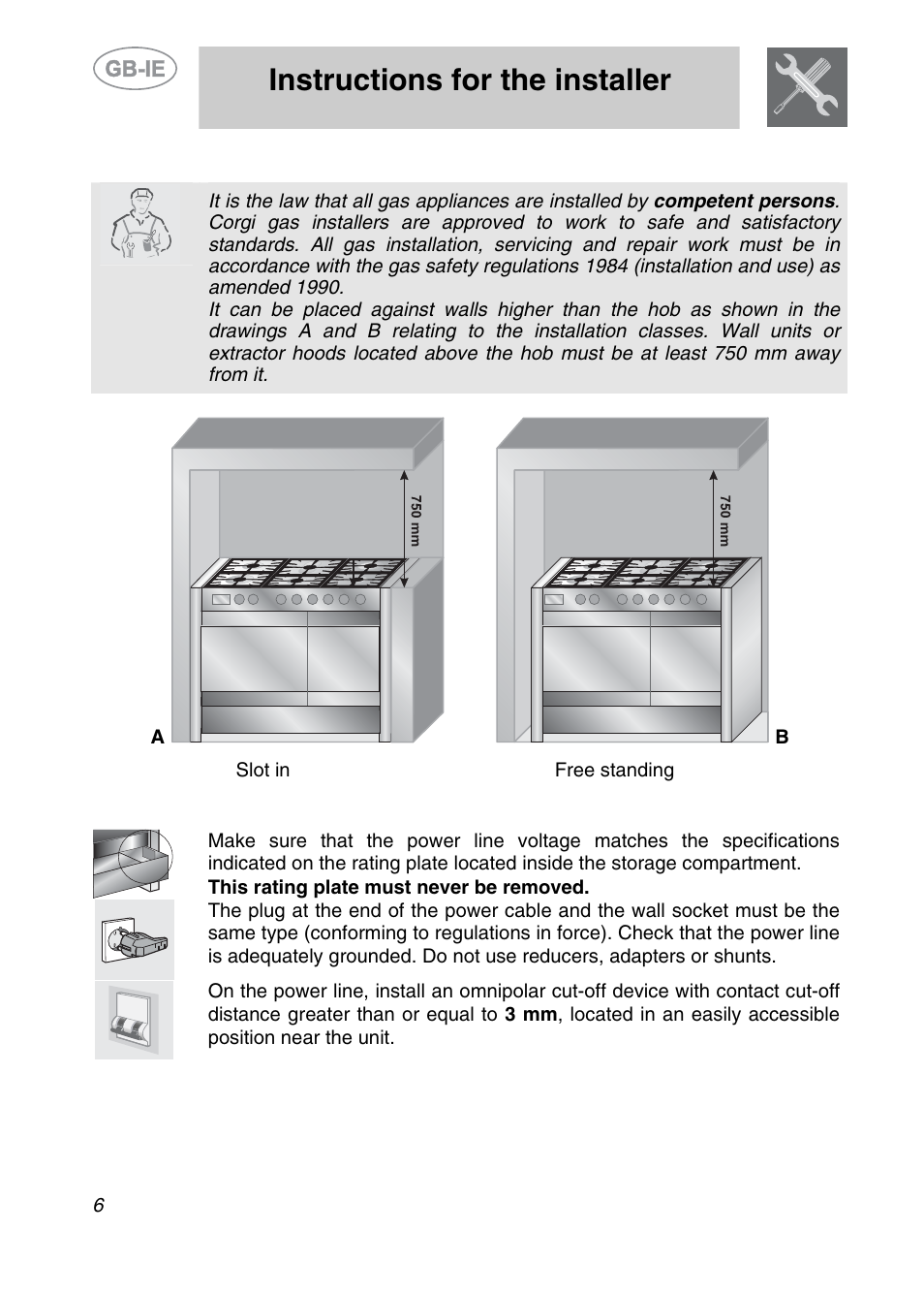 Installation of the appliance, 1 electrical connection, Instructions for the installer | Smeg A2EA User Manual | Page 4 / 32